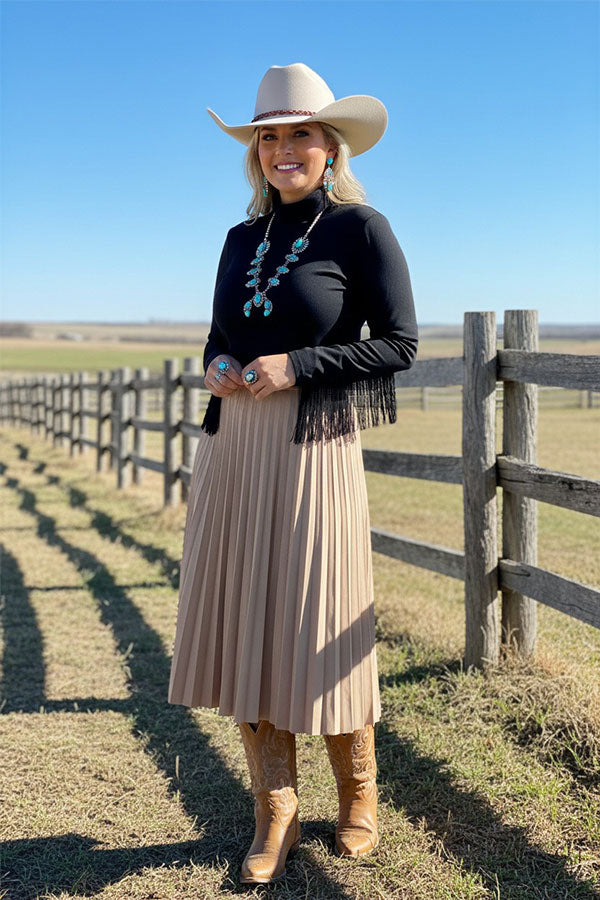 Western black crop long sleeve women's boutique top w/tassel BQ15470