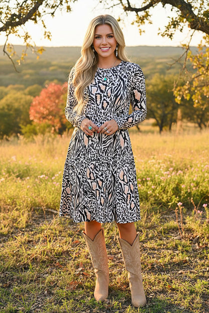 Western animal print long sleeve women's boutique dress BQ15488