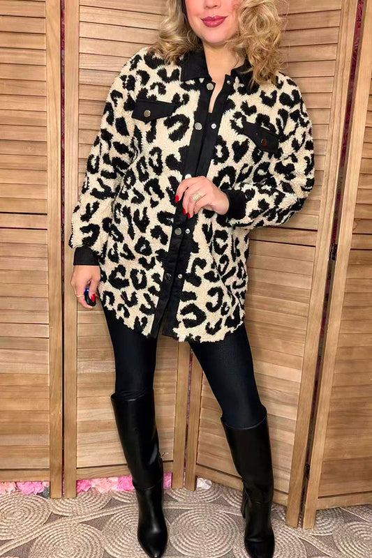 Sherpa leopard long sleeve women coats/jacket with buttons up BQ15490