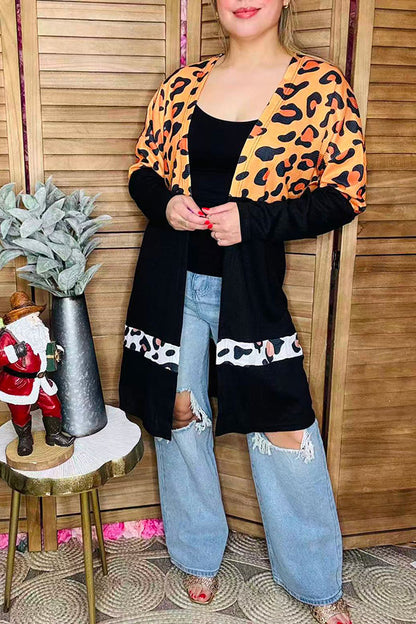 Western Waffle Leopard & black long sleeve boutique women's cardigan BQ15494
