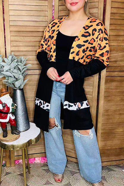 Western Waffle Leopard & black long sleeve boutique women's cardigan BQ15494