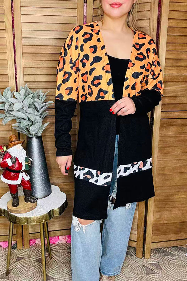 Western Waffle Leopard & black long sleeve boutique women's cardigan BQ15494