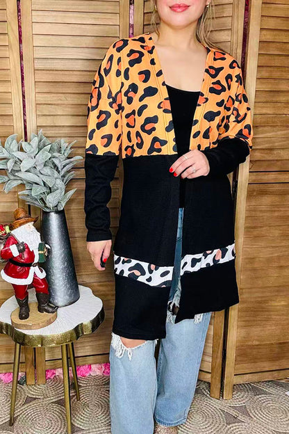 Western Waffle Leopard & black long sleeve boutique women's cardigan BQ15494