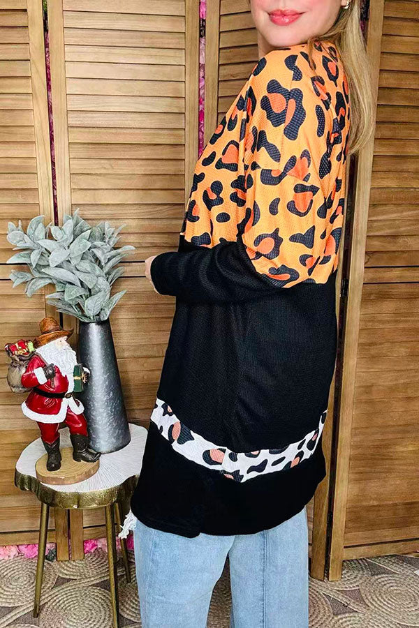 Western Waffle Leopard & black long sleeve boutique women's cardigan BQ15494