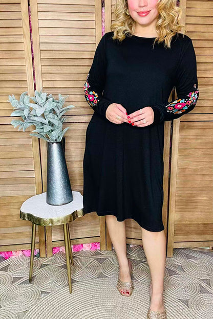 Aztec embroidery long sleeve black women dress w/side pocket BQ15496