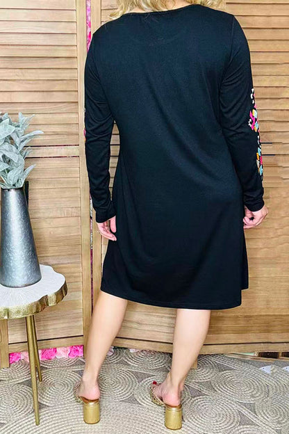 Aztec embroidery long sleeve black women dress w/side pocket BQ15496