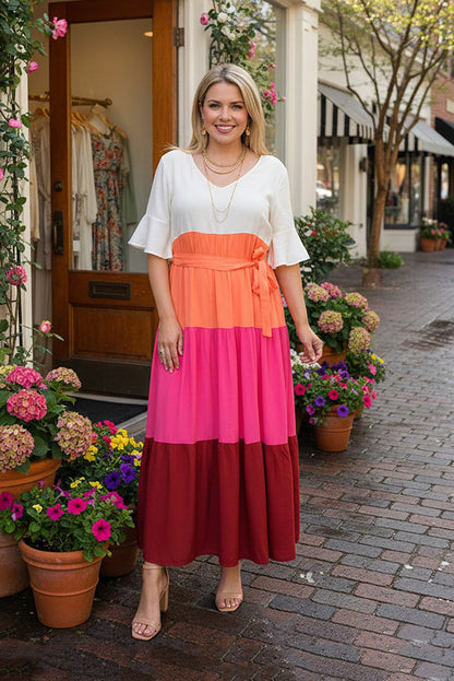 White & orange & hot pink & red color block maxi women dress BQ15551
