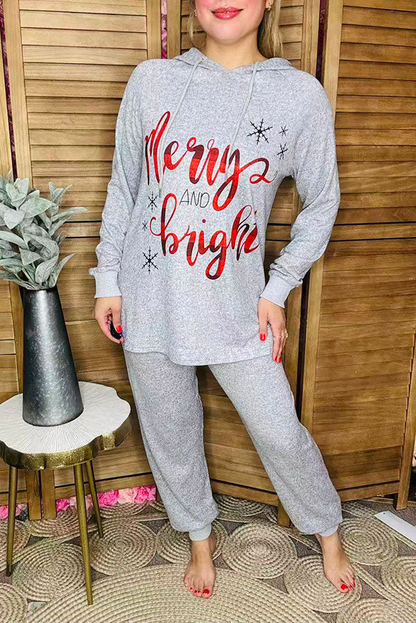 Christmas holiday "Merry and bright" hoodie top & grey pant 2pcs women set BQ15556