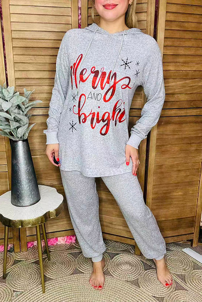 Christmas holiday "Merry and bright" hoodie top & grey pant 2pcs women set BQ15556