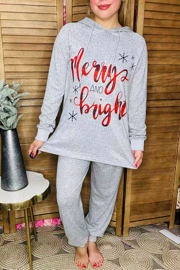 Christmas holiday "Merry and bright" hoodie top & grey pant 2pcs women set BQ15556