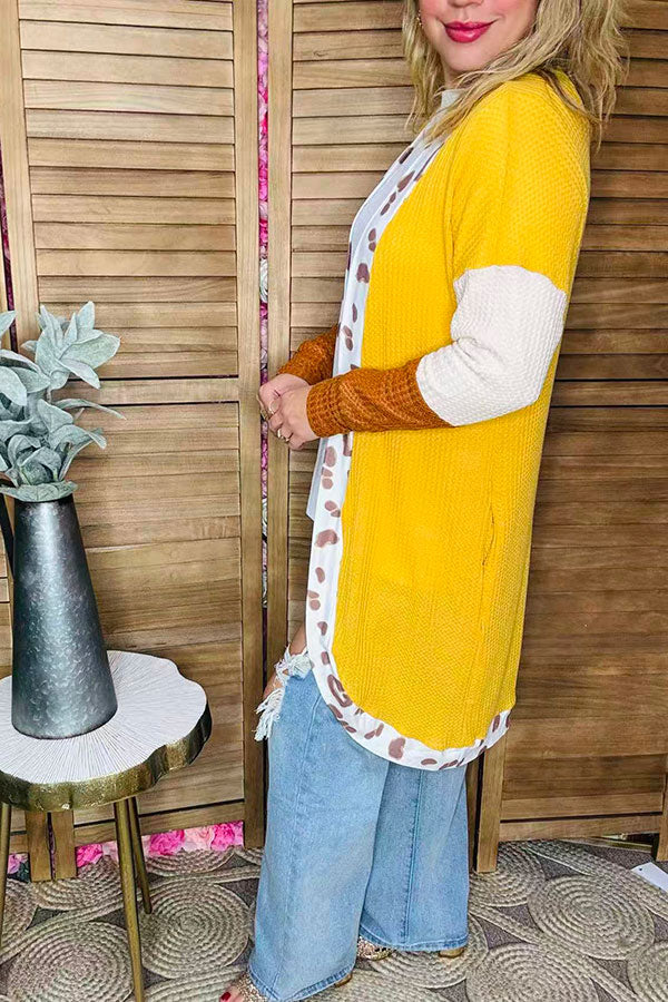 Yellow knitted waffle & beige and brown long sleeve women cardigan BQ15572