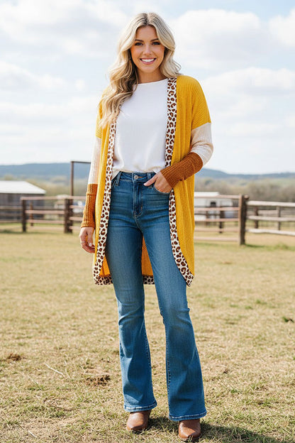 Western knitted waffle beige & leopard women's boutique cardigan BQ15572