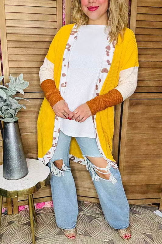 Yellow knitted waffle & beige and brown long sleeve women cardigan BQ15572
