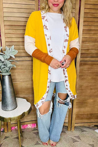 Yellow knitted waffle & beige and brown long sleeve women cardigan BQ15572