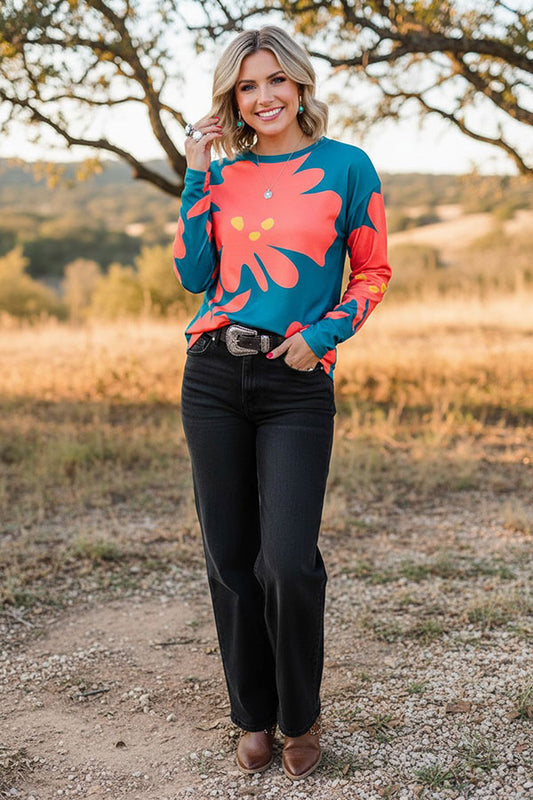 Western Coral/yellow floral long sleeve women's boutique top Southern Stitch BQ15645
