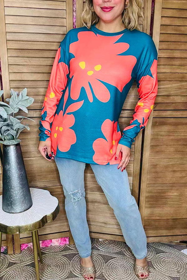 Coral/yellow floral printed long sleeve teal women tops BQ15645