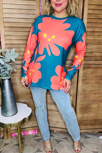 Coral/yellow floral printed long sleeve teal women tops BQ15645