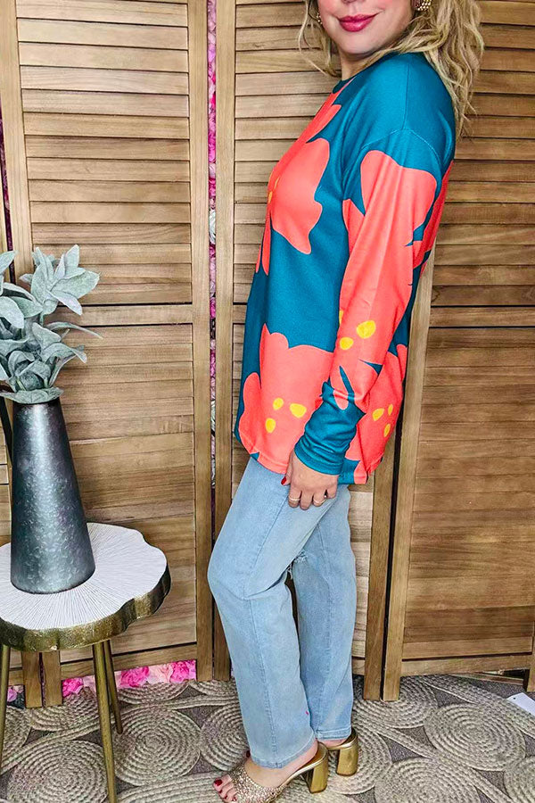 Coral/yellow floral printed long sleeve teal women tops BQ15645