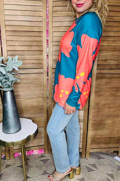 Coral/yellow floral printed long sleeve teal women tops BQ15645