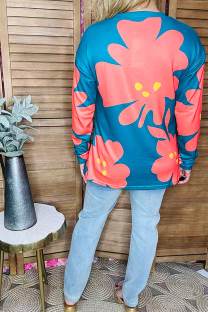Coral/yellow floral printed long sleeve teal women tops BQ15645