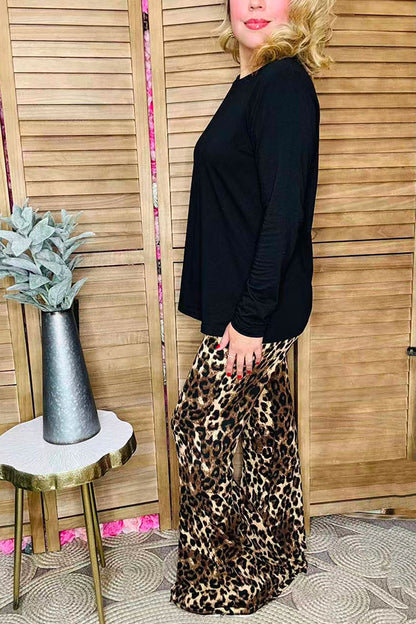 Black long sleeve top & loepard bell bottom pant 2pc women sets BQ15729