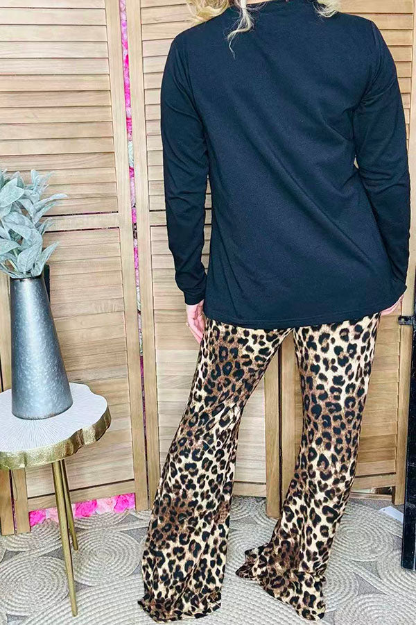 Black long sleeve top & loepard bell bottom pant 2pc women sets BQ15729