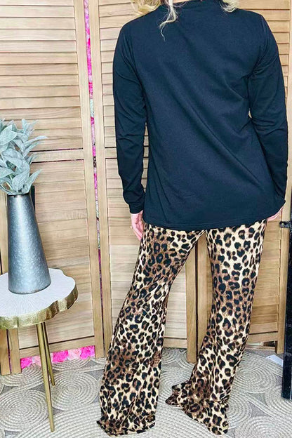 Black long sleeve top & loepard bell bottom pant 2pc women sets BQ15729