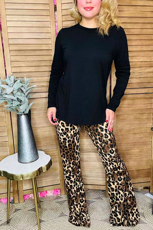 Black long sleeve top & loepard bell bottom pant 2pc women sets BQ15729