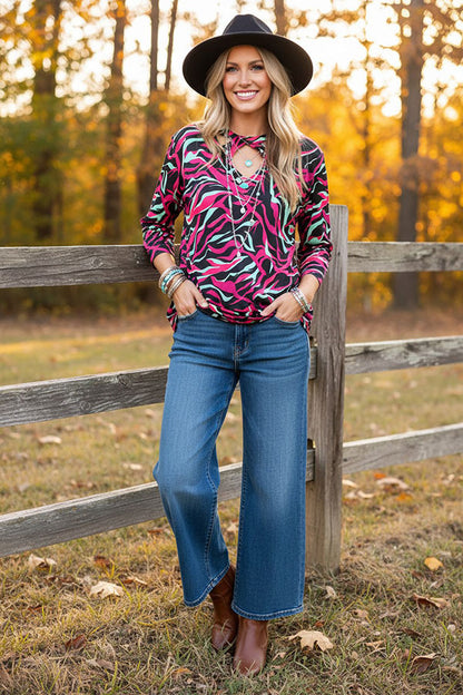 Western abstract print criss corss neck women's boutique top BQ15756