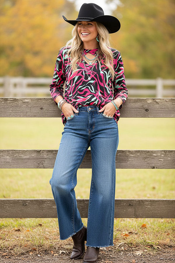 Western abstract print criss corss neck women's boutique top BQ15756