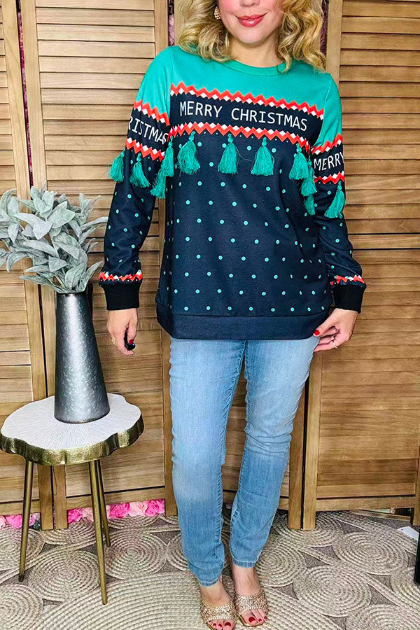 "MERRY CHRISTMAS" green tassel black dots women blouse BQ15768