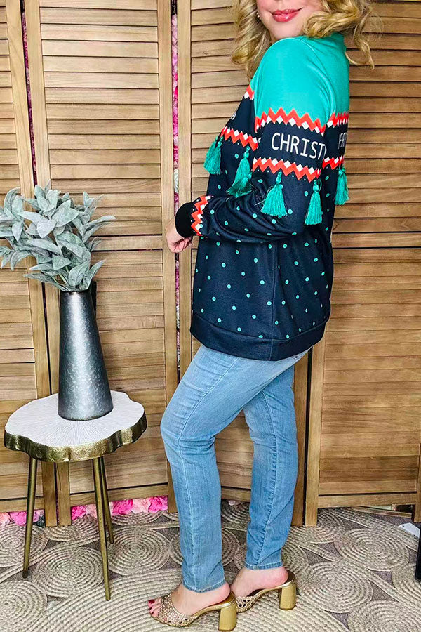 "MERRY CHRISTMAS" green tassel black dots women blouse BQ15768