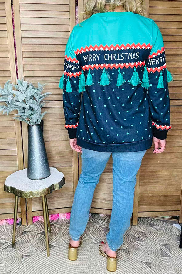 "MERRY CHRISTMAS" green tassel black dots women blouse BQ15768