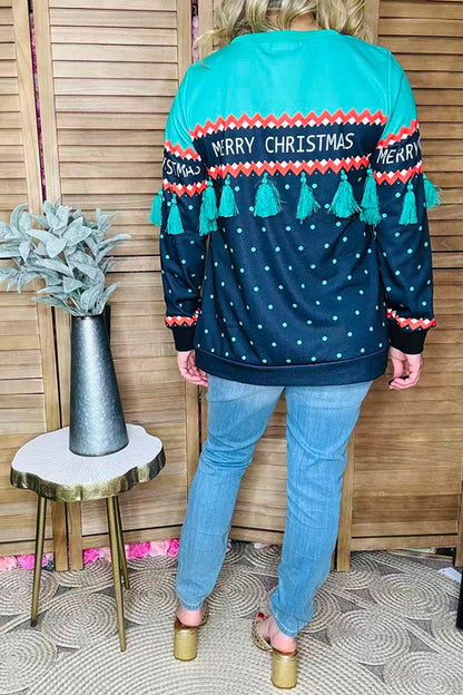 "MERRY CHRISTMAS" green tassel black dots women blouse BQ15768