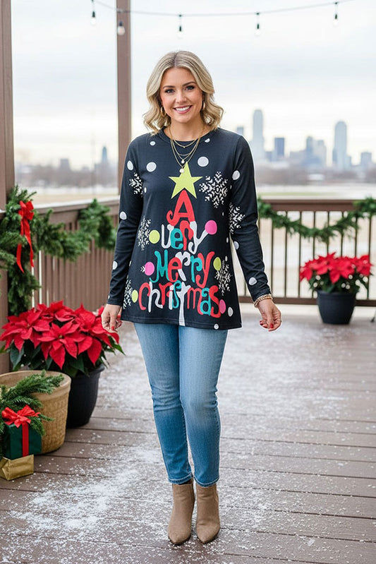 "A Very Merry Christmas"long sleeve black women's boutique top BQ15770