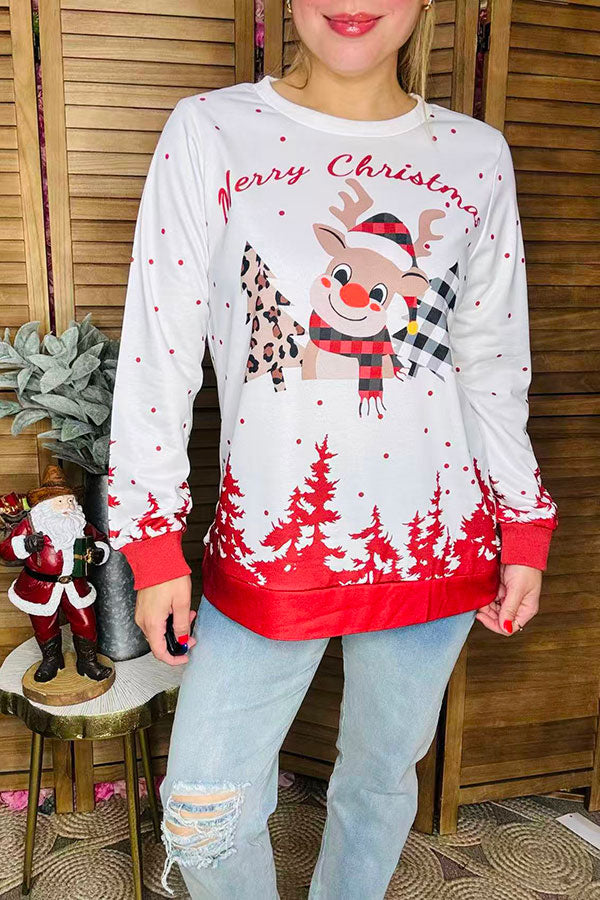 "Merry Christmas" deer & trees printed long sleeve women blouse BQ15772