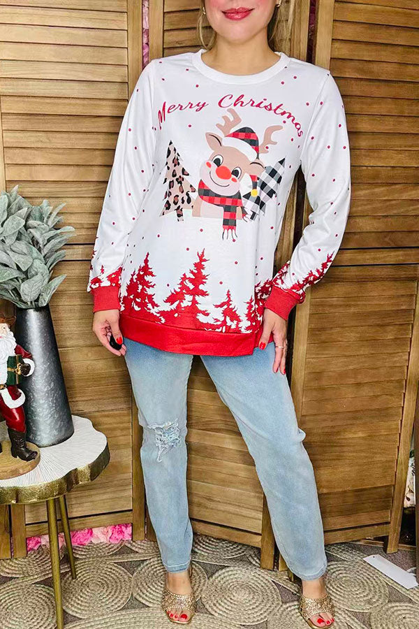 "Merry Christmas" deer & trees printed long sleeve women blouse BQ15772