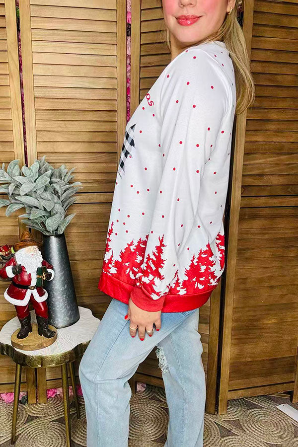 "Merry Christmas" deer & trees printed long sleeve women blouse BQ15772