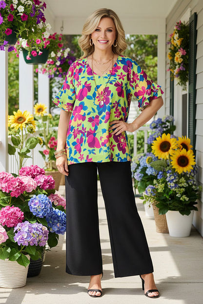 BQ15859 Spring floral printed ruffle sleeves women top w/v-neck