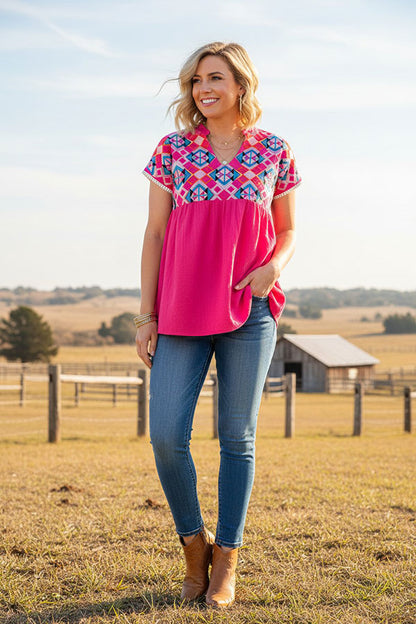 Western aztec embroidery & hot pink women's boutique top with/trim BQ15860