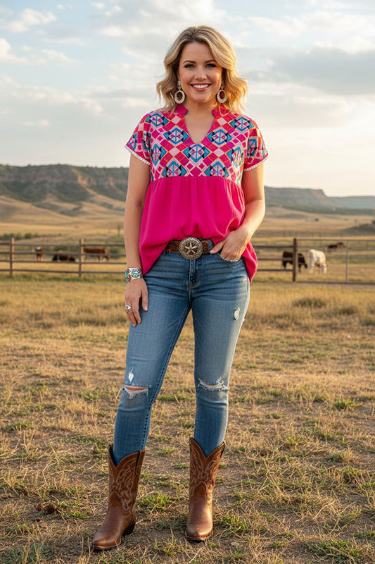 Western aztec embroidery & hot pink women's boutique top with/trim BQ15860