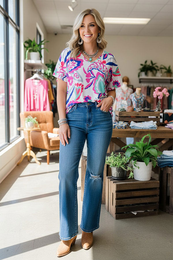 Trendy floral short sleeve women's boutique top Southern Stitch BQ15864