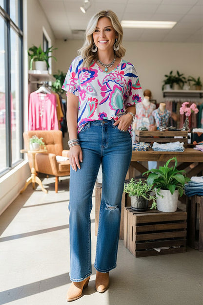 Trendy floral short sleeve women's boutique top Southern Stitch BQ15864
