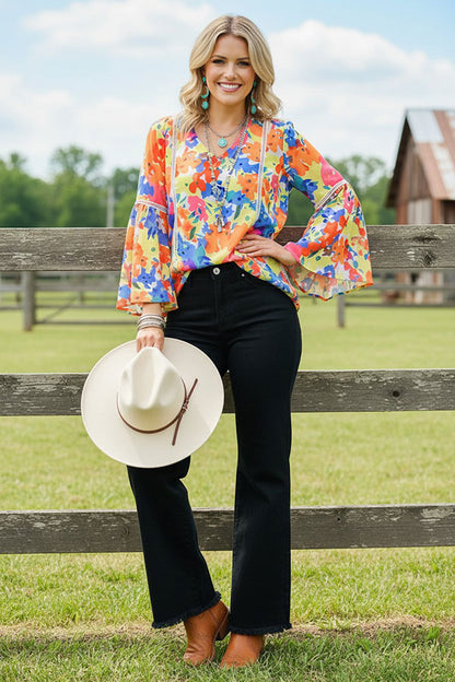 Chic floral 3/4 bell sleeves women's boutique top w/white ribbon trim BQ15870