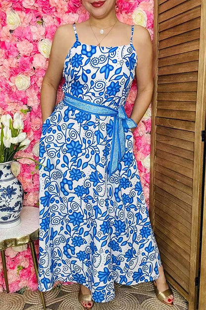Ladies maix dress wholesale Blue floral printed sleeveless dress w/belt BQ15897
