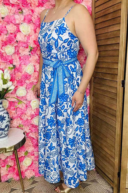 Ladies maix dress wholesale Blue floral printed sleeveless dress w/belt BQ15897