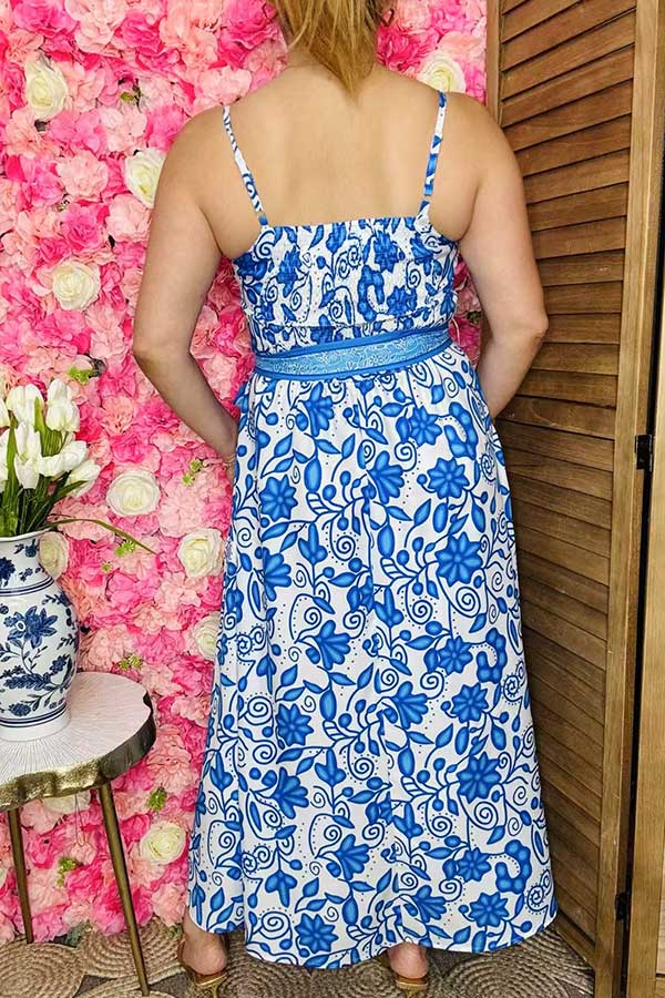 Ladies maix dress wholesale Blue floral printed sleeveless dress w/belt BQ15897