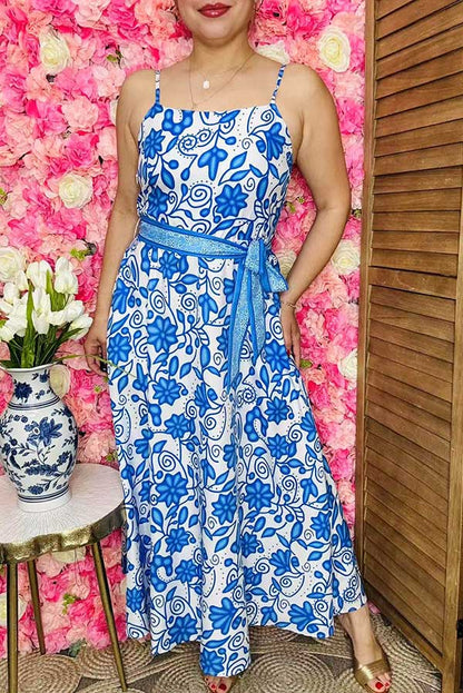 Ladies maix dress wholesale Blue floral printed sleeveless dress w/belt BQ15897