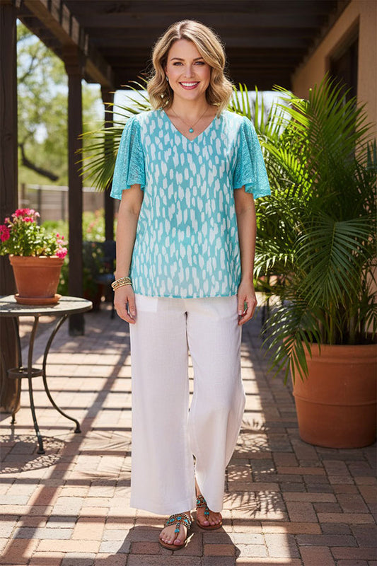 Western turquoise leopard lace sleeve women boutique blouse BQ15925