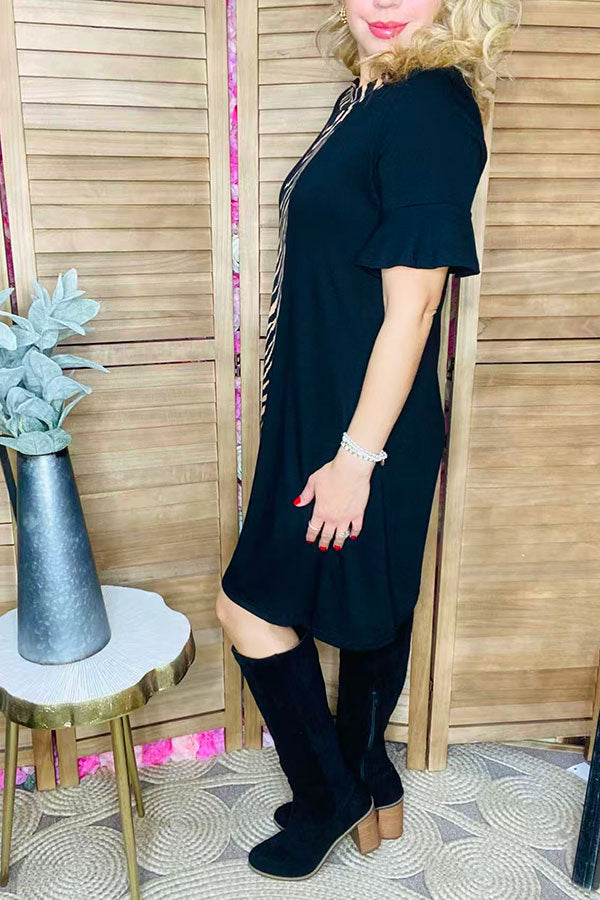 Zebra printed & black short sleeve women dress w/side pockets BQ15943